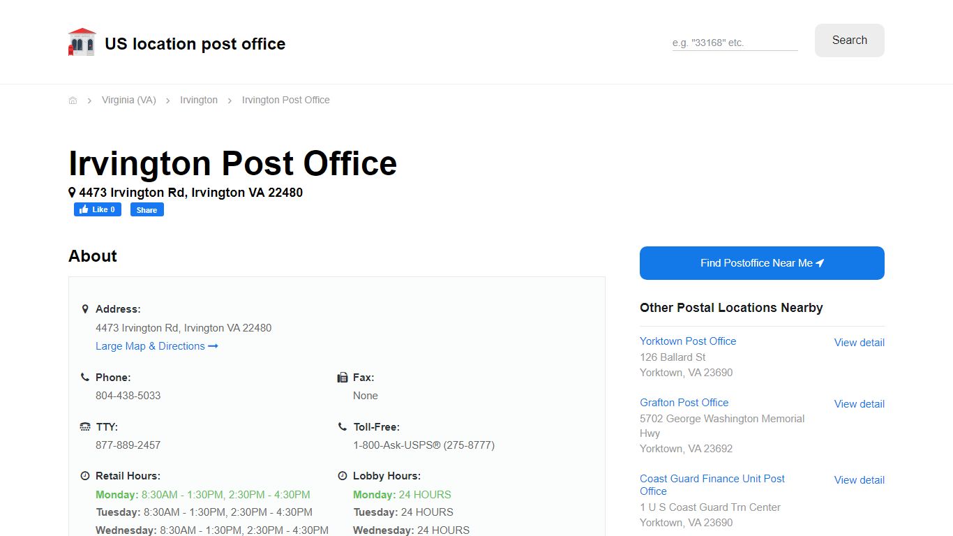 Irvington Post Office, VA 22480 - Hours Phone Service and Location