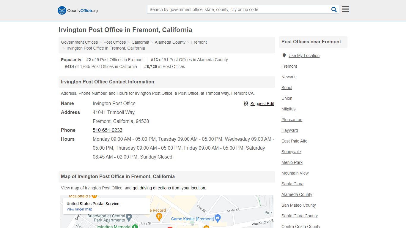 Irvington Post Office - Fremont, CA (Address, Phone, and Hours)