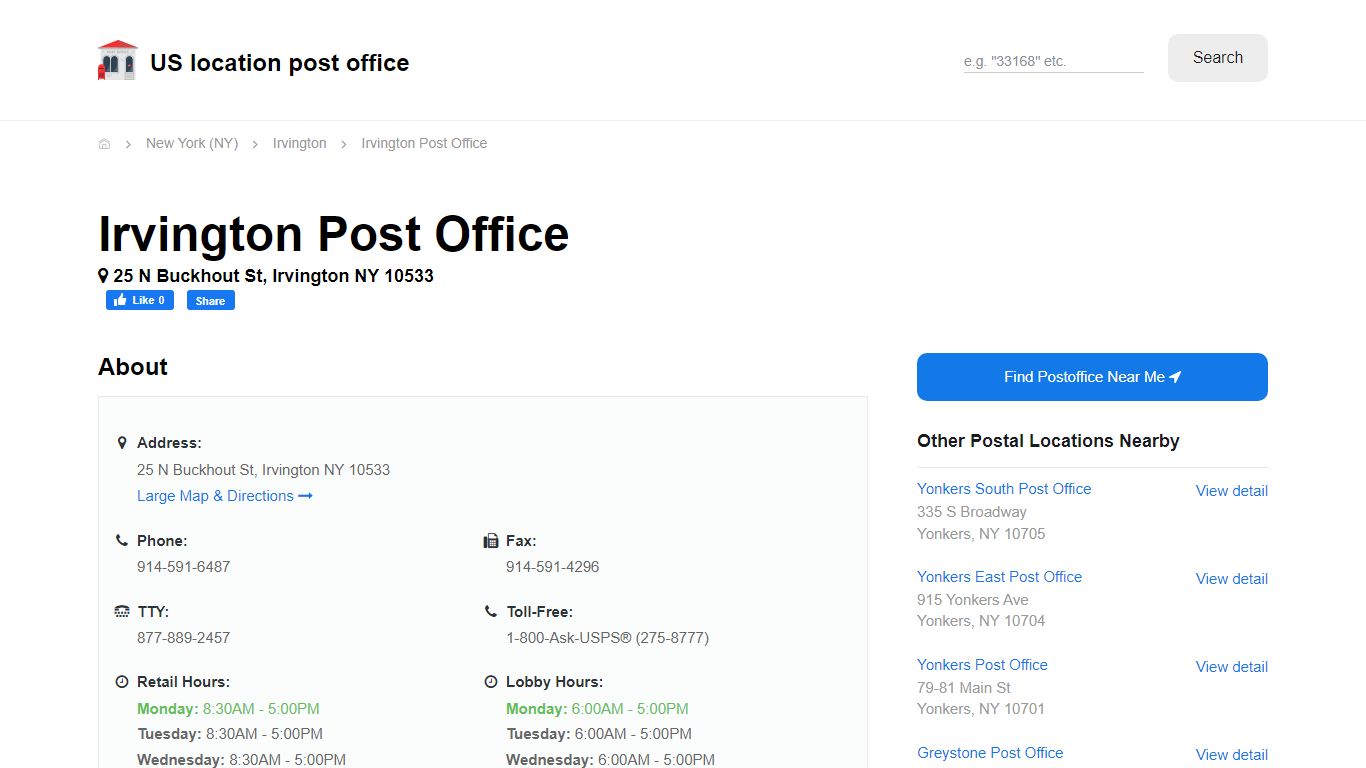 Irvington Post Office, NY 10533 - Hours Phone Service and Location