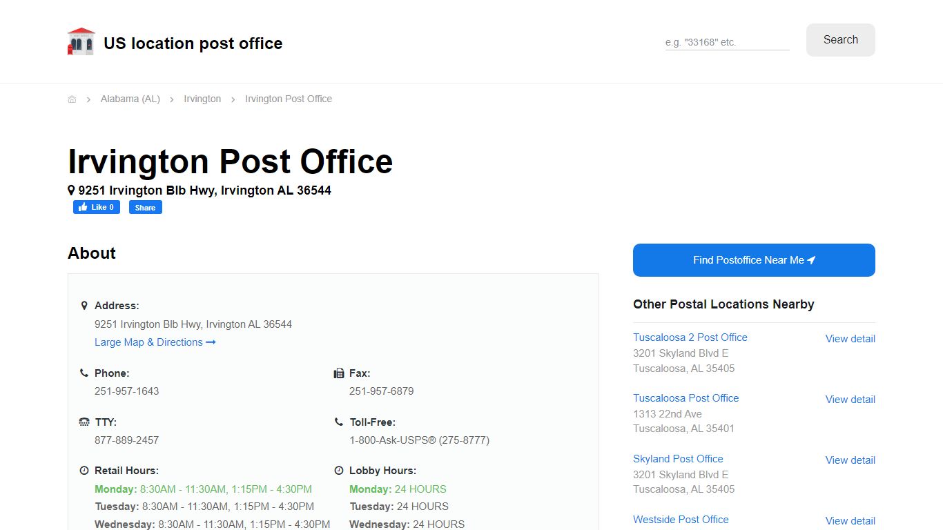 Irvington Post Office, AL 36544 - Hours Phone Service and Location